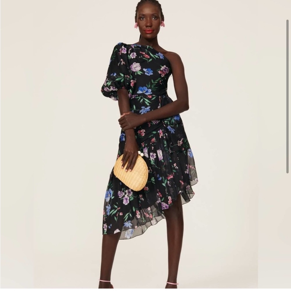 Shoshanna Gia One Shoulder Asymmetrical Dress Black Floral Women's Size 4